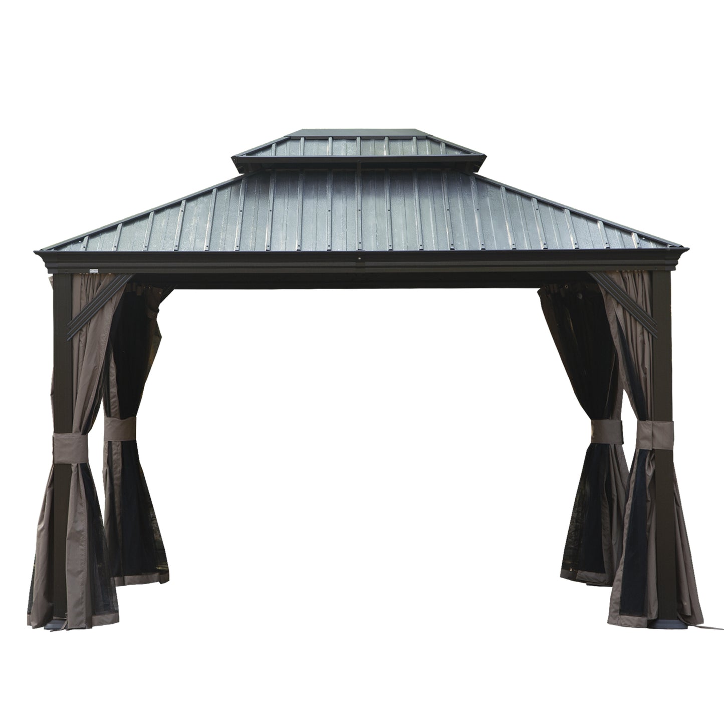 12' X 14' Hardtop Gazebo, Upgraded Metal Gazebo with Drainage System, Dual-Layer Galvanized Steel Roof, Curtain and Netting, Outdoor Shelter Canopy for Patio, Garden, and Backyard, Brown