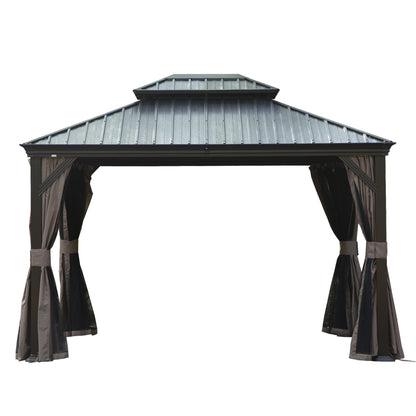 12' X 14' Hardtop Gazebo, Upgraded Metal Gazebo with Drainage System, Dual-Layer Galvanized Steel Roof, Curtain and Netting, Outdoor Shelter Canopy for Patio, Garden, and Backyard, Brown