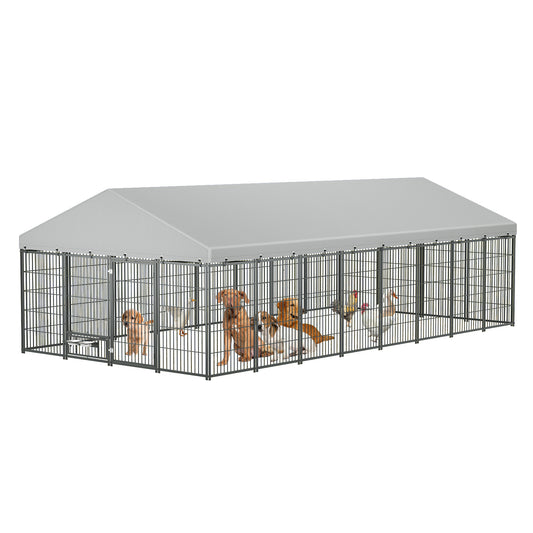 Large Dog Kennel Outdoor Pet Pens Dogs Run Enclosure Animal Hutch Metal Coop Fence with Roof Cover. 18.9'L x 9.61'W x 6.23'H.