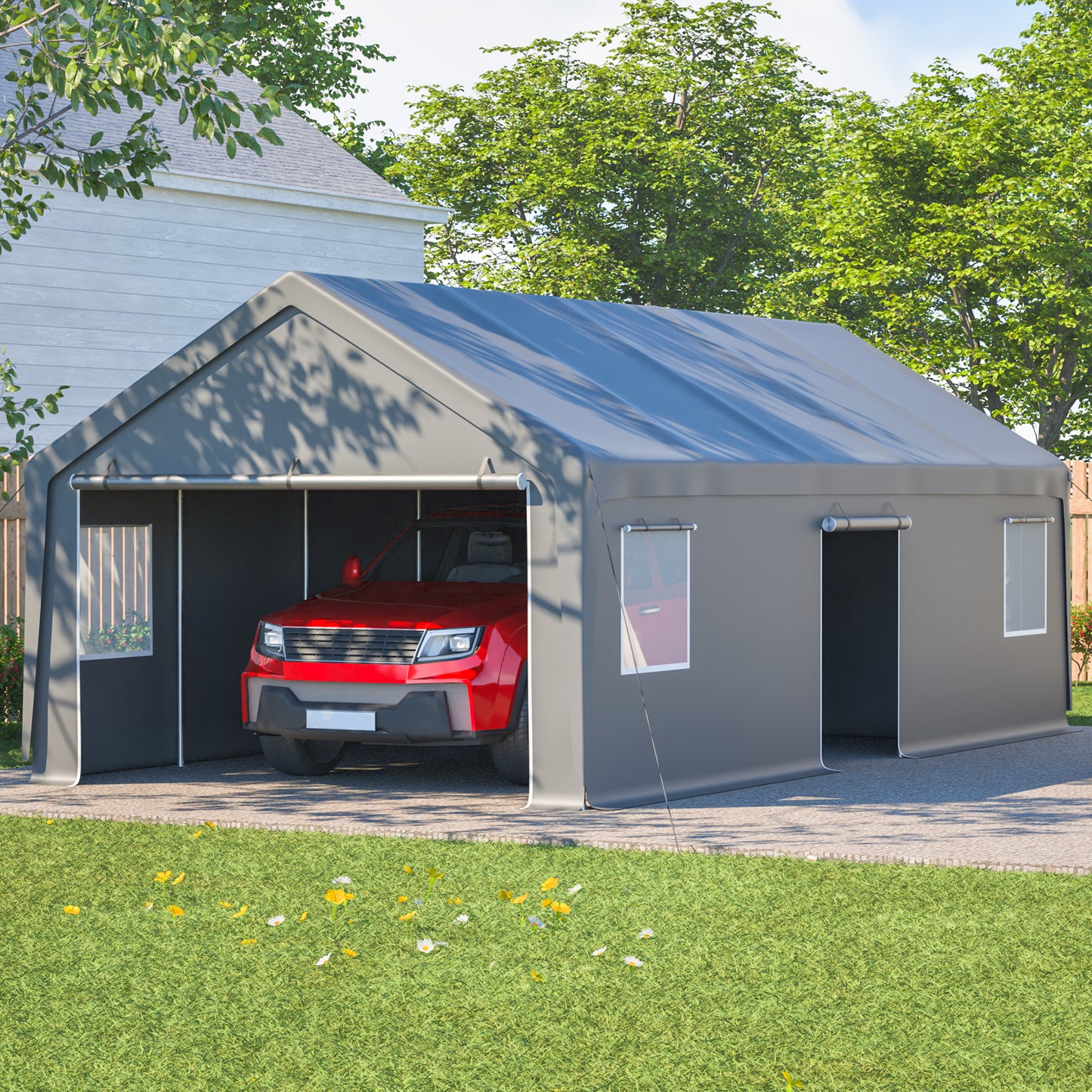 13x26 FT Heavy Duty Carport Canopy with 2 Roll-Up Doors + 1 Side Door, Removable End Walls & Windows, All-Weather Portable Garage Shelter for Car, Truck, Boat, Vehicle