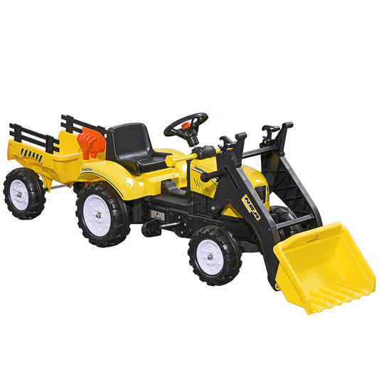 Kids Ride-On Excavator, Pedal Car Bulldozer, Move Forward/Back with Real Working Dirt Bucket, 6 Wheels, & Cargo Trailer