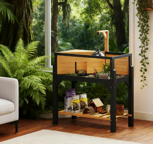 Wooden Tortoise Habitat with Storage Shelf, Tortoise Enclosure with Clear Windows, Openable Top, Lamp Holder, Yellow