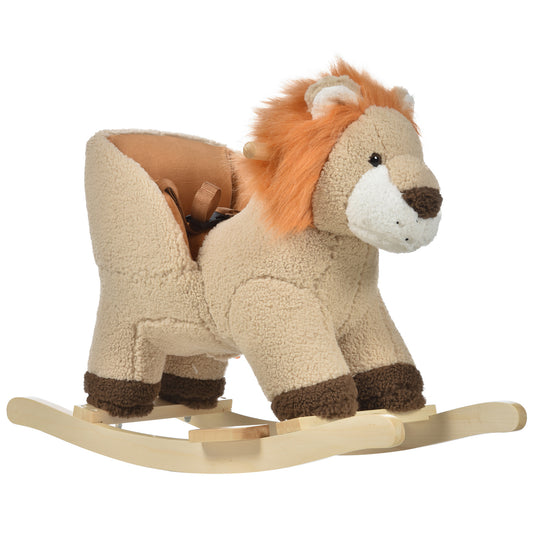 Baby Rocking Horse Lion with Sound, Plush Stuffed Rocking Animals, Wooden Rocking Horse with Seat Belt for 18-36 Months Boys and Girls Gift, Brown