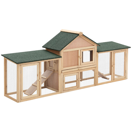 83'L Outdoor Rabbit Hutch, Guinea Pig Cage Indoor Outdoor Wooden Bunny Hutch with Double Runs, Weatherproof Roof, Removable Tray, Ramps, Natural