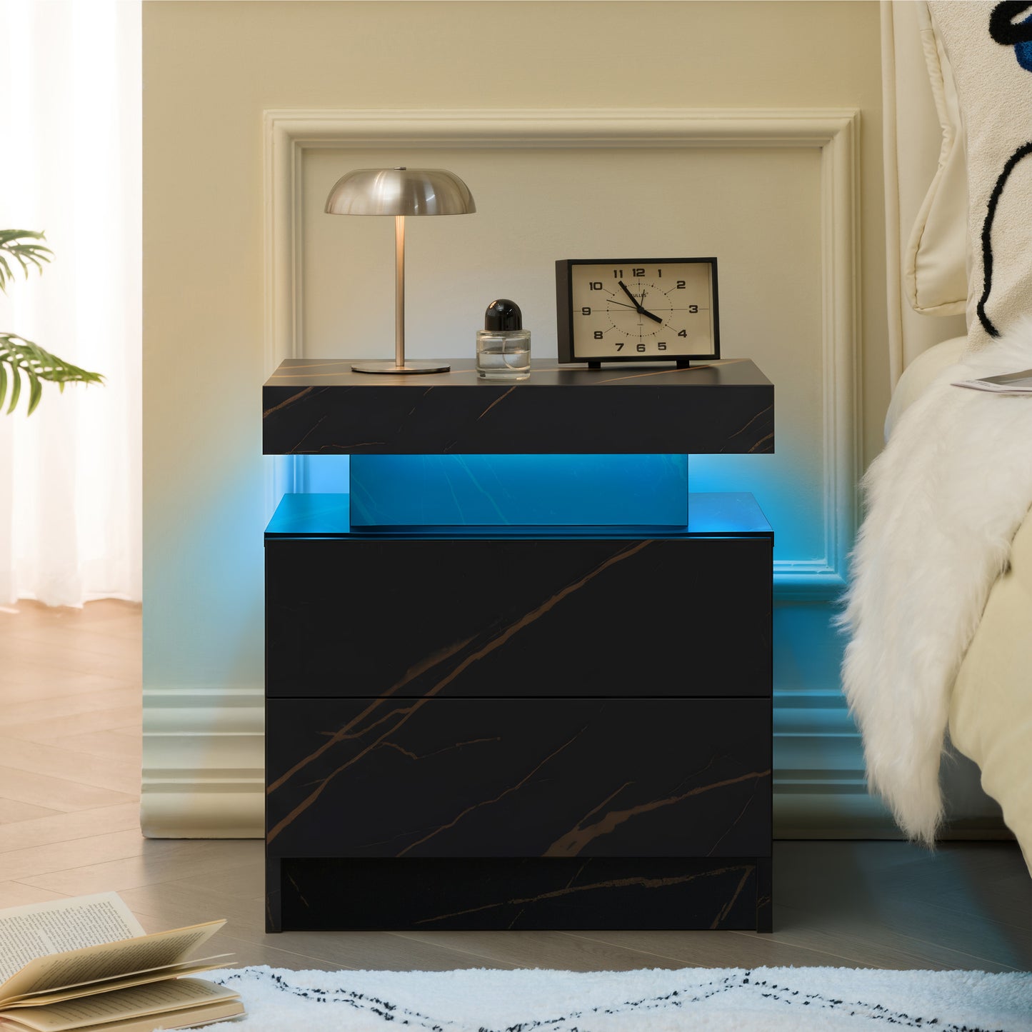 Nightstand LED Bedside Table Cabinet Lights Modern End Side with 2 Drawers for Bedroom (Black Gold)