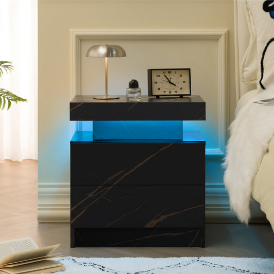 Nightstand LED Bedside Table Cabinet Lights Modern End Side with 2 Drawers for Bedroom (Black Gold)