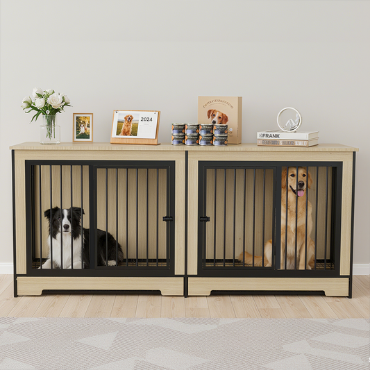 Dog Crate Furniture with Two Combined Room, XL Large Double Dog Cage Furniture with Tray for Medium Large Dogs, Wooden Dog Kennel Furniture