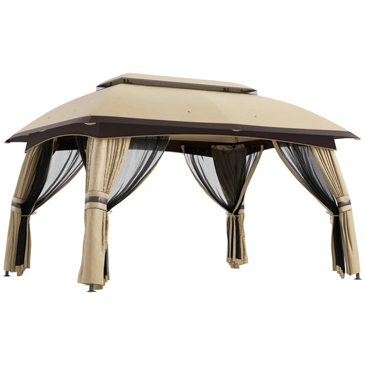 10' x 13' Patio Gazebo, Outdoor Gazebo Canopy Shelter with Netting, Vented Roof, Steel Frame for Garden, Lawn, Backyard, and Deck, Beige