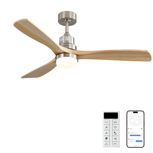 52 Inch Smart Ceiling Fan with Sand Nickel Finish 3 Natural Wood Blades LED 18W Triple Color Dimmable Memory Lighting and Remote Control