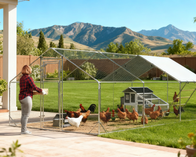 Metal Chicken Run w/ Waterproof & Anti-UV Cover, Feeding Door, Hanging Feeder