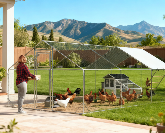 Metal Chicken Run w/ Waterproof & Anti-UV Cover, Feeding Door, Hanging Feeder