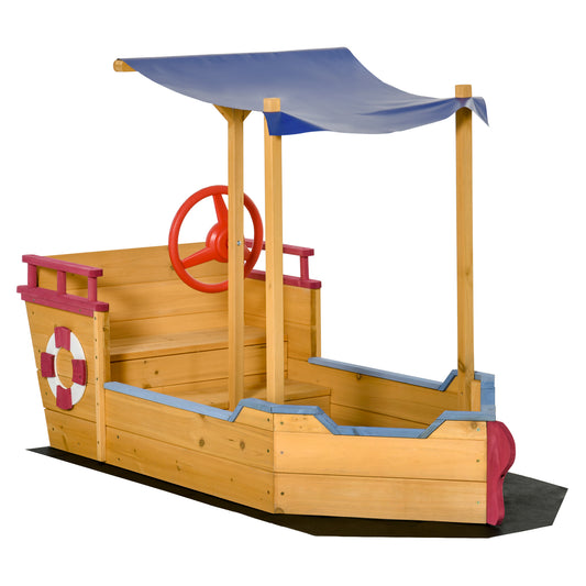 Pirate Ship Sandbox with Cover and Rudder, Wooden Sandbox with Storage Bench and Seat, Outdoor Toy for Kids  Ages 3-8 Years Old