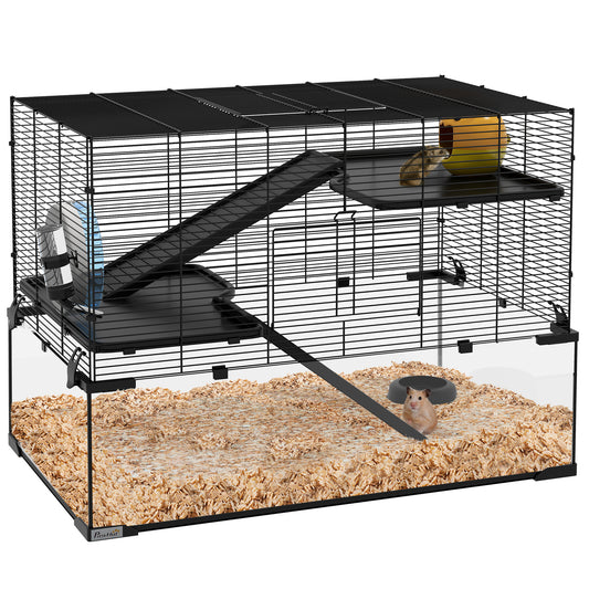 Hamster Cage, 31' Gerbil Cage with Glass Basin, Ramps, Platforms, Hut, Exercise Wheel, for Small Hamsters, Black