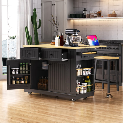 48 inch Large Kitchen Island with Drop Leaf,Power Outlet,Internal Storage Rack,Rolling Kitchen Storage Cart on 5 Wheels with 5 Open Side Racks,for Kitchen,Dining Room,Black(Not Include Stools)
