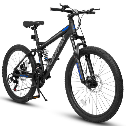 24 Inch Mountain Bike with Full Suspension, 21 Speed Shifter Lever with Gear Indicator, High Carbon Steel Frame, Mechanical Disc Brakes, Unisex for Men/Women/ Adults, Ideal for Trails.