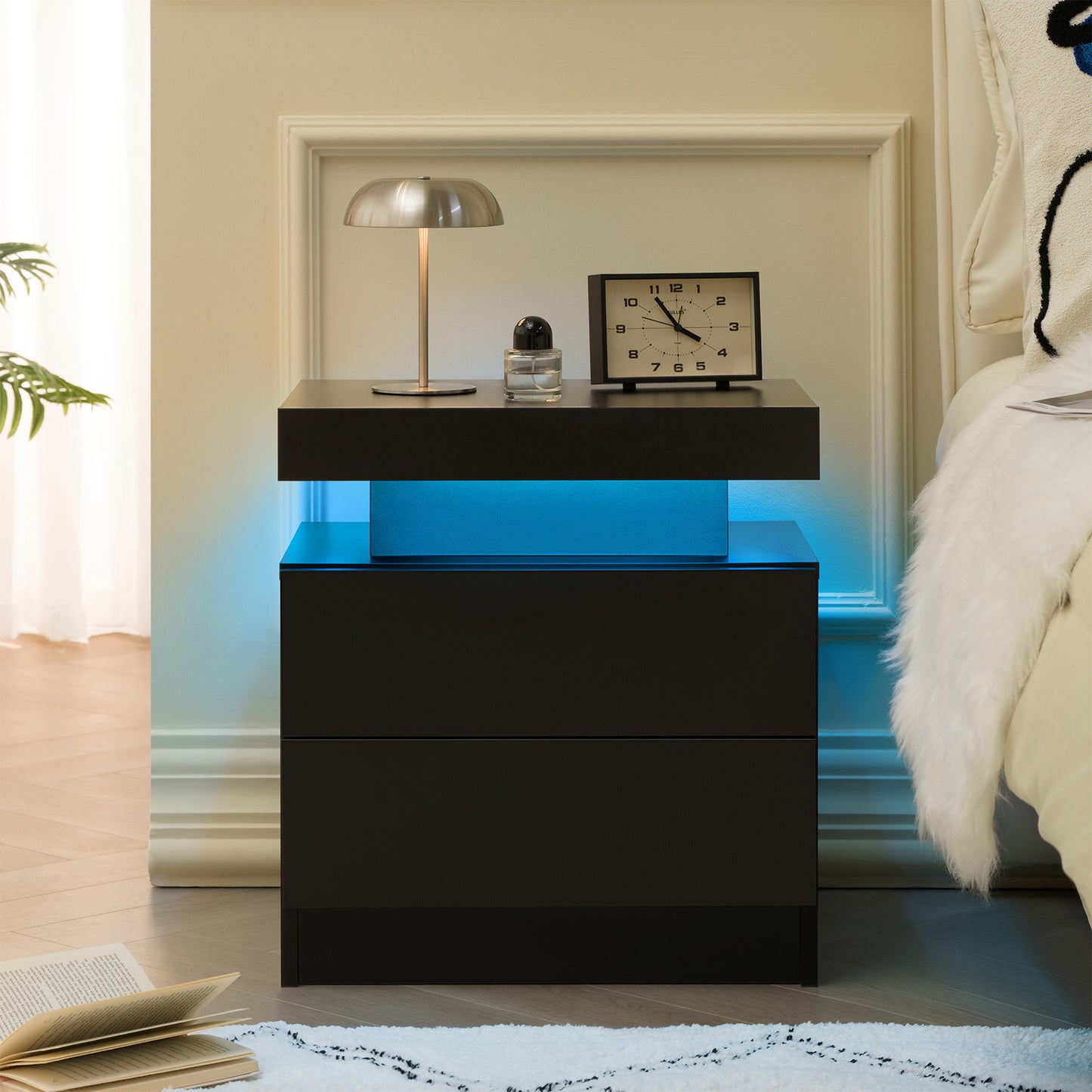 Nightstand LED Bedside Table Cabinet Lights Modern End Side with 2 Drawers for Bedroom (Black)