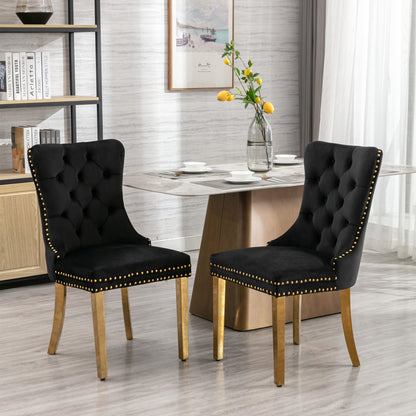 Furniture,Nikki Collection Modern, High-end Tufted Solid Wood Contemporary Velvet Upholstered Dining Chair with Golden Stainless Steel Plating Legs,Nailhead Trim,Set of 2，Black and Gold, SW1601BK