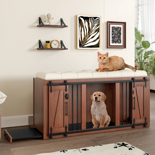 56'L, Furniture Style 2 in 1 Dog Crate with Padded Seat, Sliding Barn Door, Luxury Wooden Dog Kennel, End of Bed Bench Ottoman with Removable Cushion for Bedroom, Living Room, Walnut