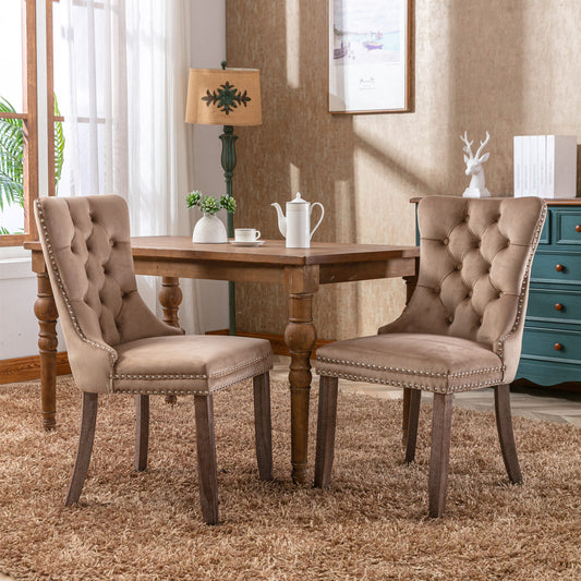 Modern, High-end Tufted Solid Wood Contemporary Velvet Upholstered Dining Chair with Wood Legs Nailhead Trim 2-Pcs Set, Khaki, SW2001KK