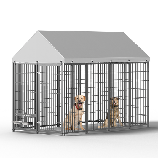 Large Dog Kennel Outdoor Pet Pens Dogs Run Enclosure Animal Hutch Metal Coop Fence with Roof Cover. 7.94'L x 4.13'W x 5.95'H.