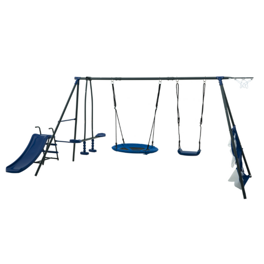 Leisure Saucer Swing set with Mini Slide and Net Swing Grey Blue Steel Outdoor Playground 31.5in