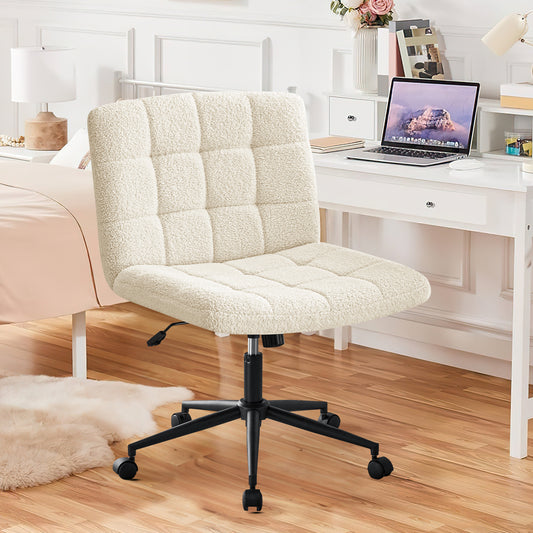 Office Desk Chair with Wheels, Armless Desk Chair with Lumbar Support, Adjustable Height 360° Rolling Swivel Computer Chairs for Home Office Study Room, Sherpa, Ivorywhite