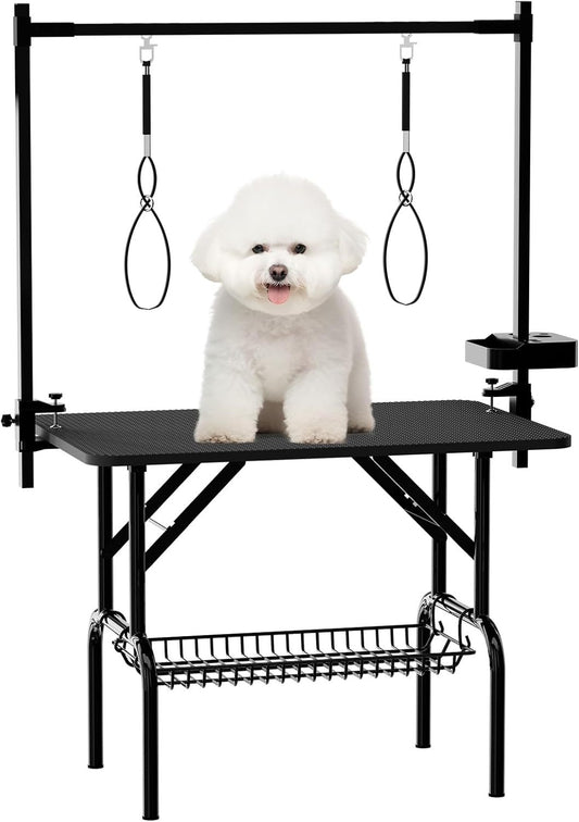 36''Large Dog Grooming Table, Foldable Pet Station at Home, Dog Grooming Table,Adjustable Cat Drying Desktop with Arms, Nooses, Mesh Tray (36Inch Pet Grooming Table Black)