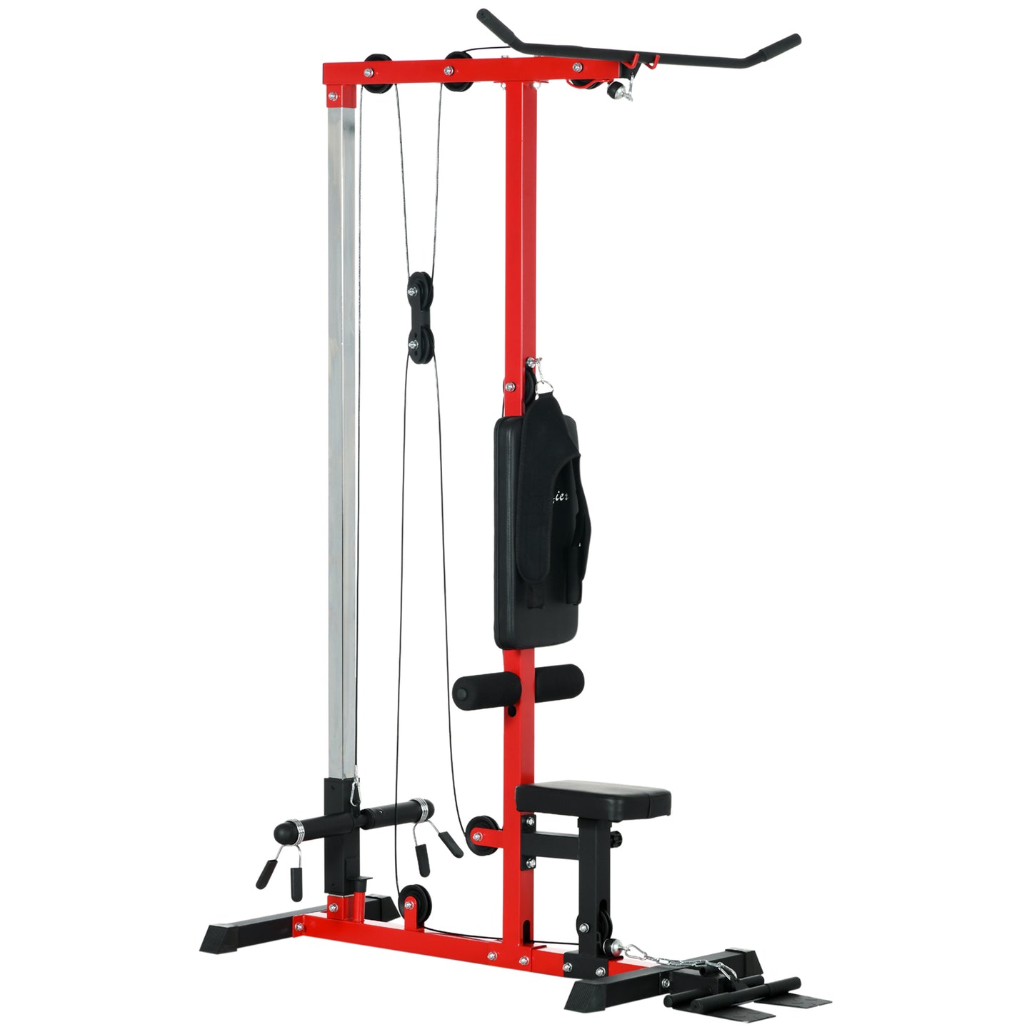 Cable Machine, LAT Machine with High and Low Pulley Stations, Cable Row Machine with Adjustable Seat and Flip-Up Footplate, for Home Gym, Black and Red