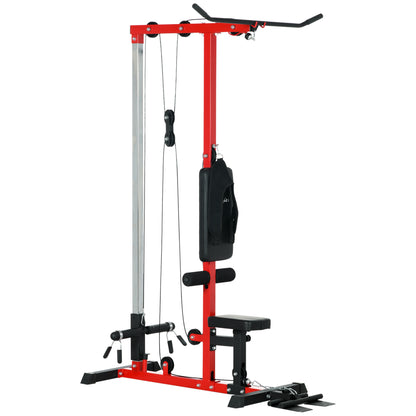 Cable Machine, LAT Machine with High and Low Pulley Stations, Cable Row Machine with Adjustable Seat and Flip-Up Footplate, for Home Gym, Black and Red
