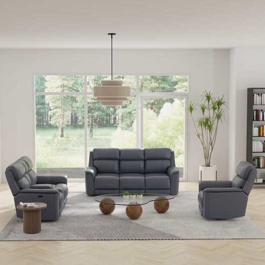 Dual Power Reclining Sofa and Love Seat with a Manual Swivel Glider Recliner in Sapphire
