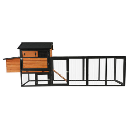 Brown+Black Wooden Chicken Coop with Run and Nesting Box, Large Outdoor Hen House for Backyard, Solid Fir Wood, Waterproof Anti-UV Panels, 114.26' L