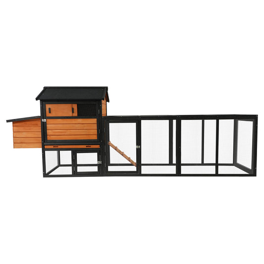 Brown+Black Wooden Chicken Coop with Run and Nesting Box, Large Outdoor Hen House for Backyard, Solid Fir Wood, Waterproof Anti-UV Panels, 114.26' L