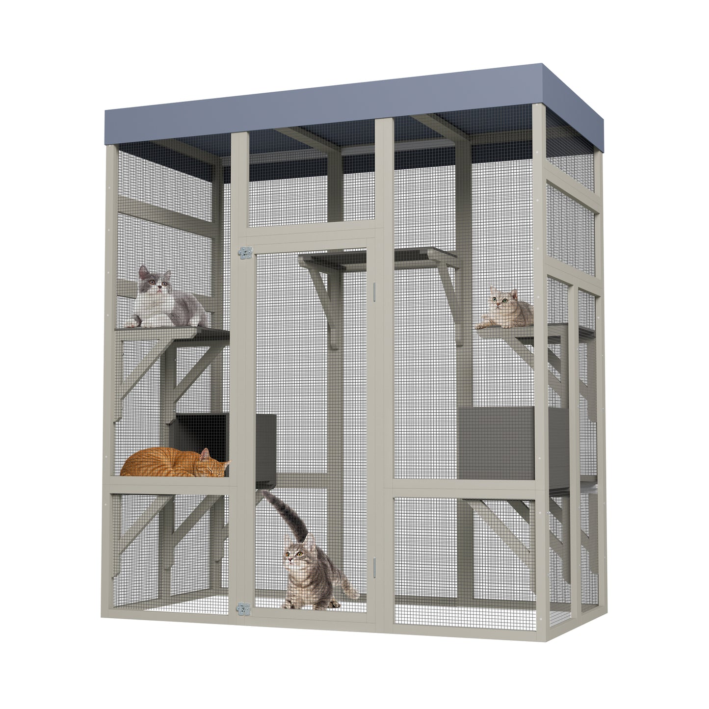 62.6' Gray Wooden Catio Outdoor Pet Enclosure with Waterproof Top, Spacious and Secure Cat House & Small Animal Cage, Black Rust-proof Metal Wire