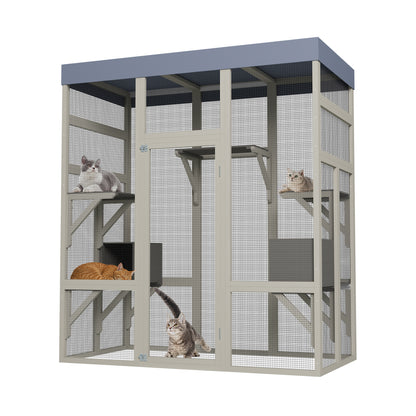 62.6' Gray Wooden Catio Outdoor Pet Enclosure with Waterproof Top, Spacious and Secure Cat House & Small Animal Cage, Black Rust-proof Metal Wire