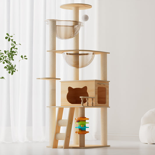 59' Modern Cat Tower, Wood Cat Tree Tower for Indoor Cats, Cat Treewith Sisal-Covered Scratching Posts and Top Perch, Cat Condo with Acrylic Hammock for Small Large Cats