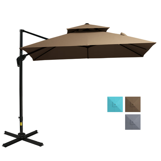 10ft Offset Patio Umbrella with Base, Double Top Hanging Aluminum Cantilever Umbrella with 360-degree Rotation, Easy Tilt, 8 Ribs, Crank, Cross Base, Cover, Strap, Coffee
