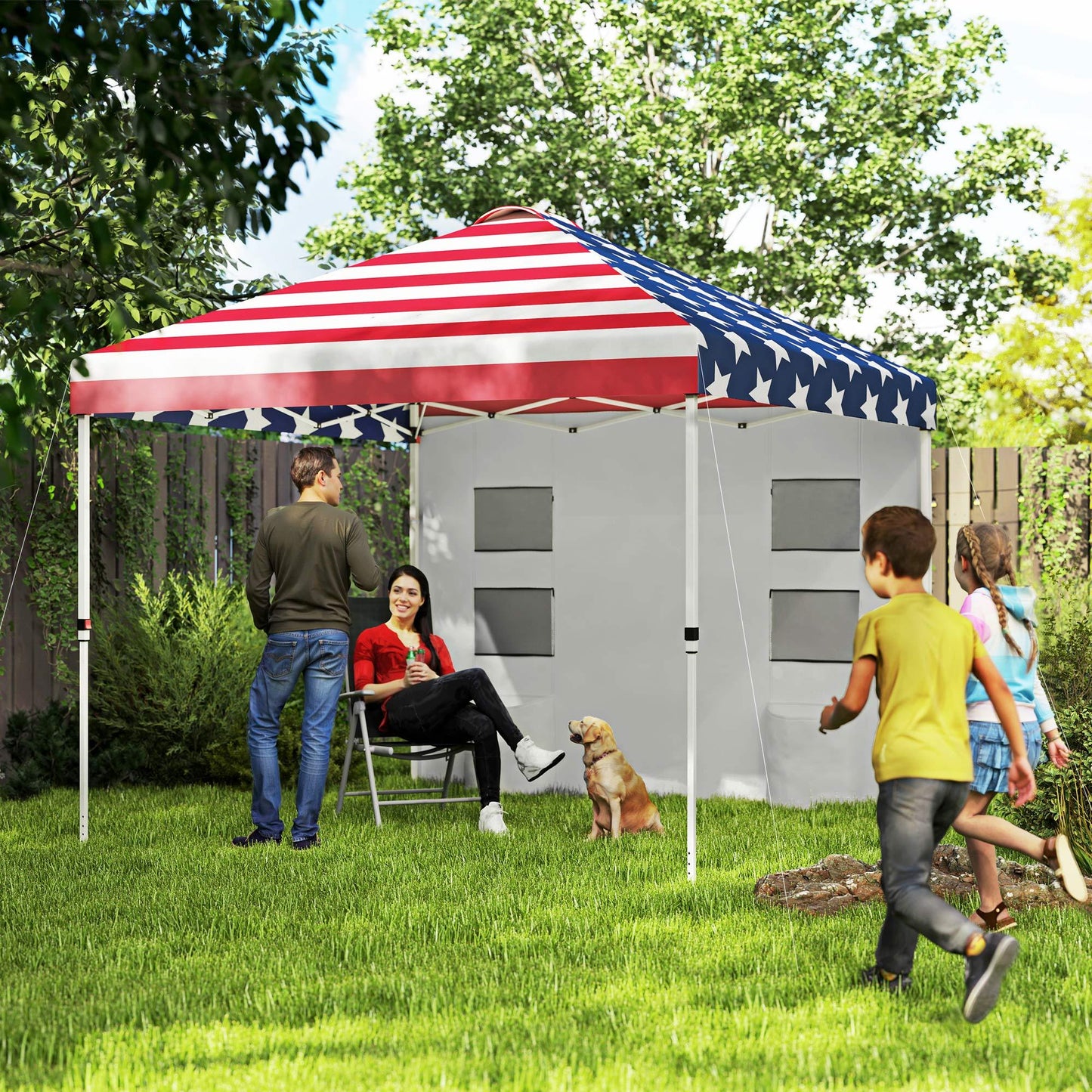 10x 10 ft party tent w/ Sidewall with  Height Adjustable Instant Sun Shelter w/ Storage Pockets, American Flag Print