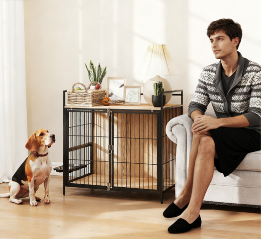 Indoor Pet Kennel Side Table with Rotatable Bowls, 2 Anti-Escape Doors,Oak