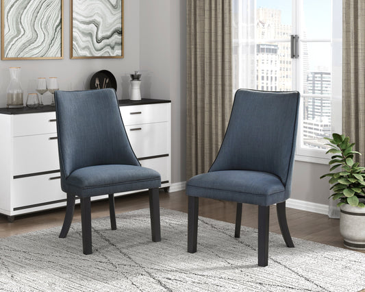 Blue Textured Fabric Upholstered Side Chairs Set of 2, Dark Walnut Finish Wooden Legs Modern Dining Kitchen Furniture