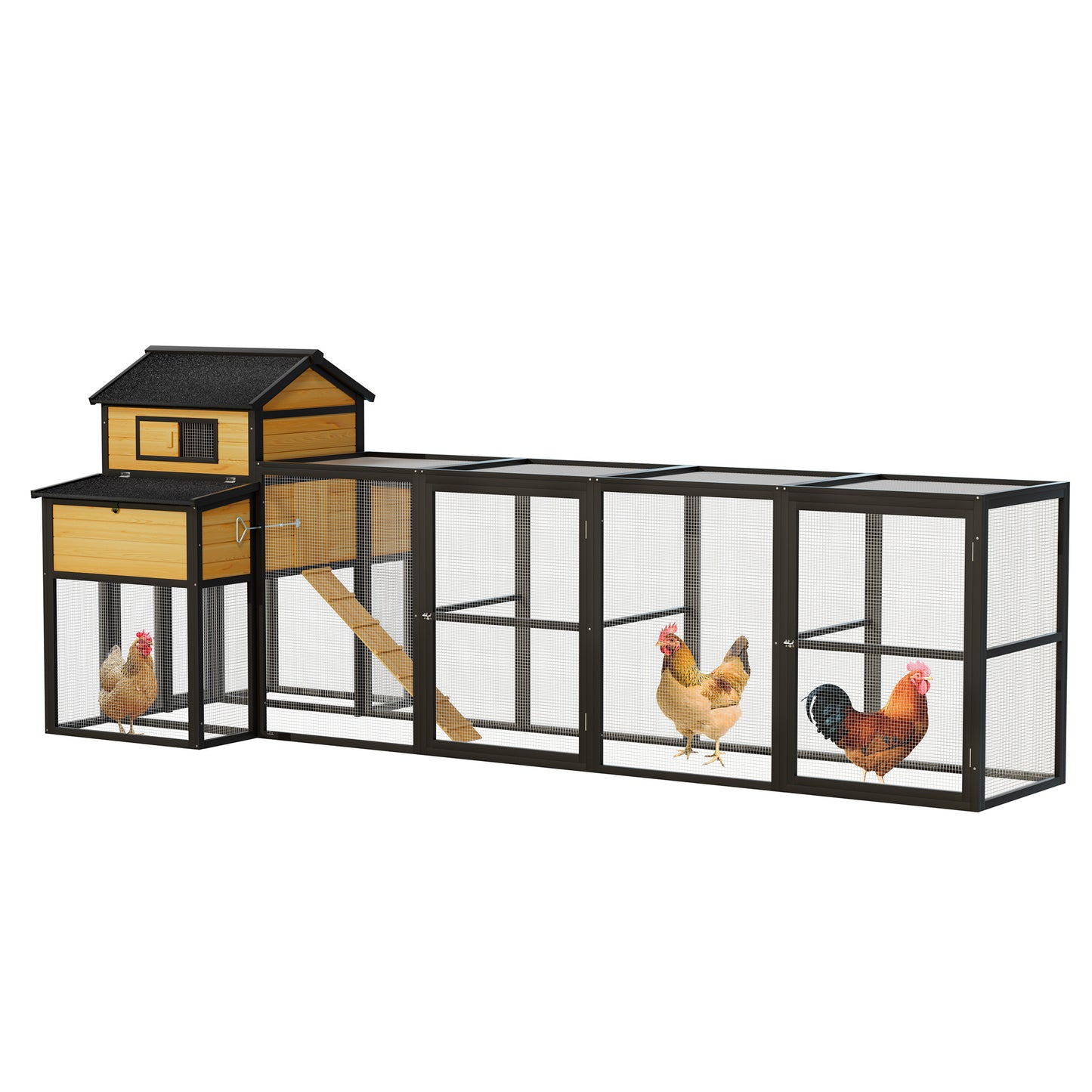 150' Black Large Wooden Chicken Coop Outdoor Hen House with Run and Nesting Boxes, Pull-Out Tray, Sliding Door, Predator-Proof Wire Mesh for 4-6 Chicken