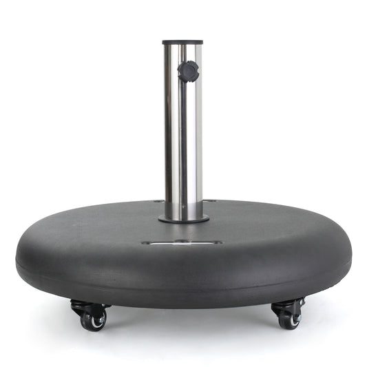 Modern Wheelie Round Umbrella Base with Stainless Steel Holder in Black Concrete