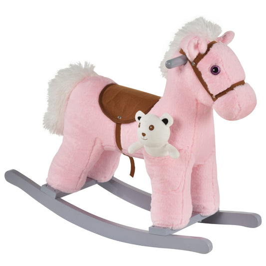 Kids Plush Ride-On Rocking Horse with Bear Toy, Children Chair with Soft Plush Toy & Fun Realistic Sounds, Pink