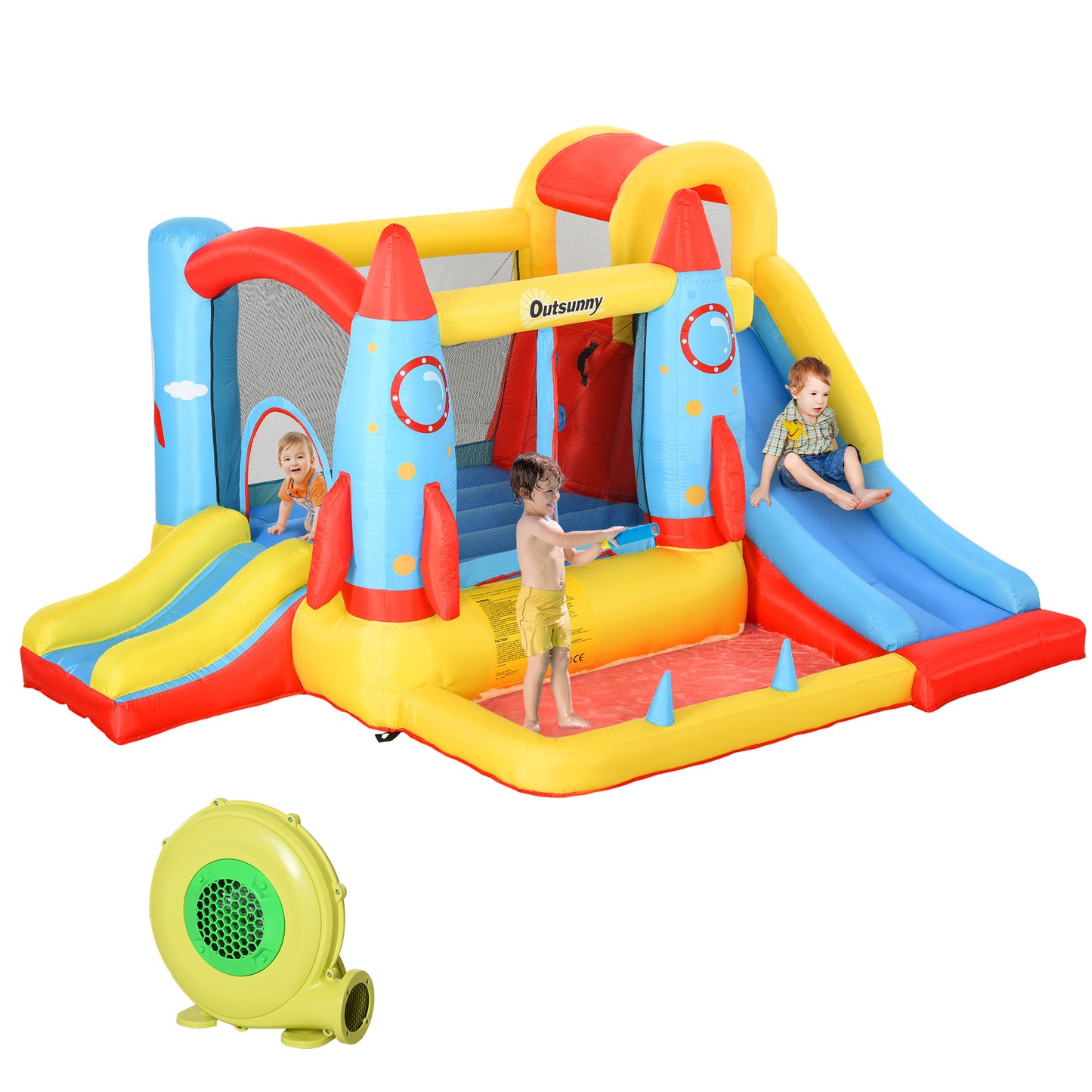 Kids Inflatable Water Slide, 4-in-1 Bounce House Jumping Castle with 2 Slides, Climbing Wall, Trampoline, & Water Pool Area, Air Blower