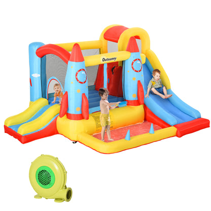 Kids Inflatable Water Slide, 4-in-1 Bounce House Jumping Castle with 2 Slides, Climbing Wall, Trampoline, & Water Pool Area, Air Blower