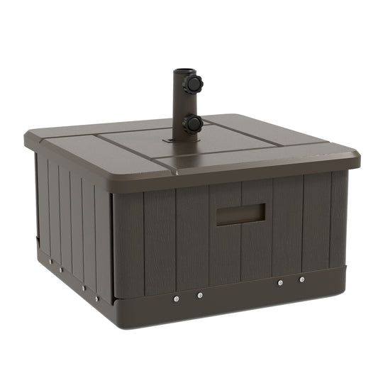 3-in-1 Outdoor Umbrella Base, Coffee End Table, Flower Box Planter with Drain Hole, 175 lbs. Capacity Fillable Patio Umbrella Stand Table with Wheels and Handles, Brown