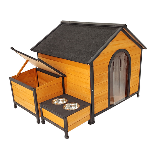 Wearable and Strong Wooden Dog House with Metal Bowls and Toy Box, Natural, Solid Wood, 55.12 x 38.98 x 37.00 inches