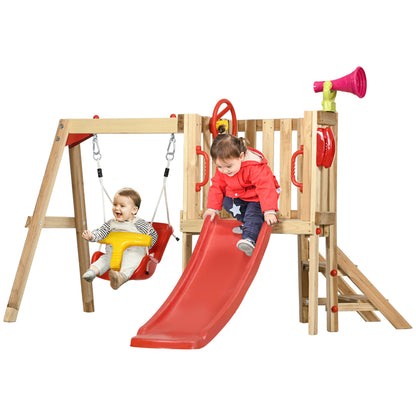 4 in 1 Wooden Swing Set Outdoor Playset with Baby Swing Seat, Toddler Slide, Captain's Wheel, Horn, Kids Backyard Playground Equipment, Ages 1.5-4
