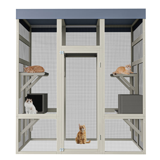62.6' Outdoor Wooden Catio for Cats, Large Cat Enclosure with Waterproof Roof, 2 Cat Houses & Platforms, Secure Rust-Proof Wire Pet Cage for Patio or Backyard