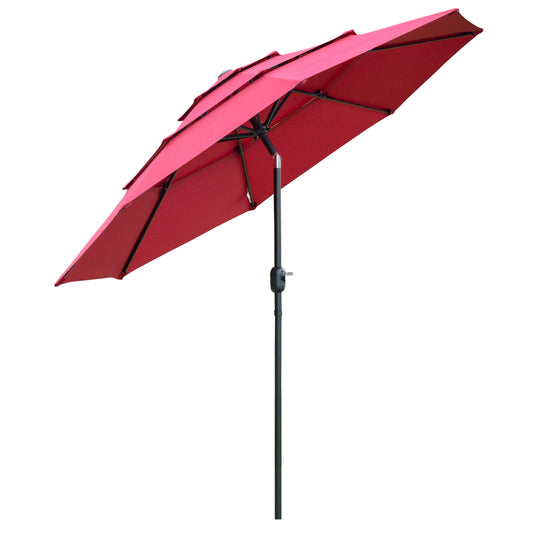 9FT 3 Tiers Patio Umbrella Outdoor Market Umbrella with Crank, Push Button Tilt for Deck, Backyard and Lawn, Wine Red