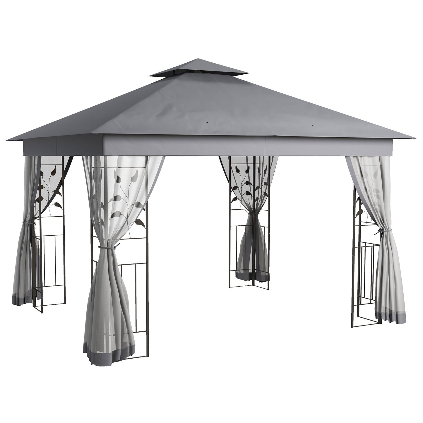 10' x 11.5' Metal Patio Gazebo, Double Roof Outdoor Gazebo Canopy Shelter with Tree Motifs Corner Frame and Netting, for Garden, Lawn, Backyard, and Deck, Gray
